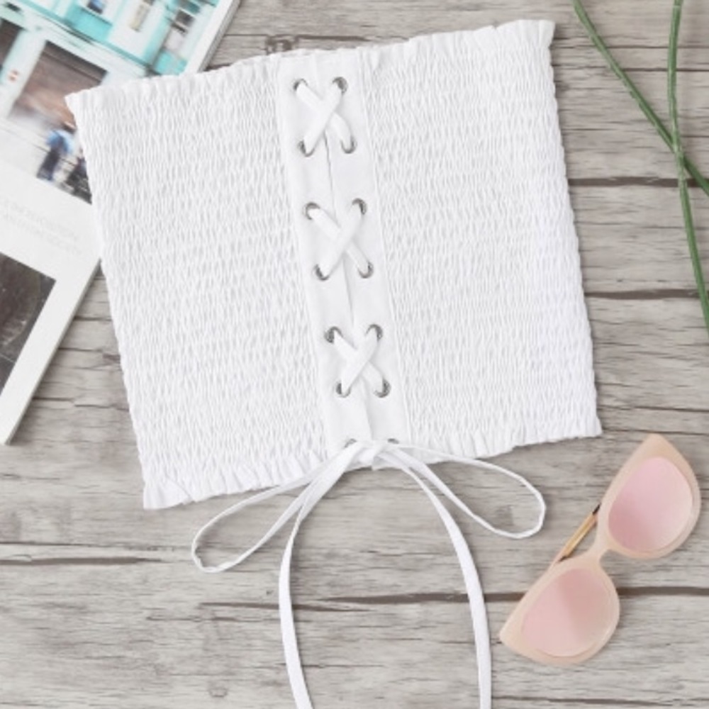 White Strapless Summer Lace Up Cropped Tube Top